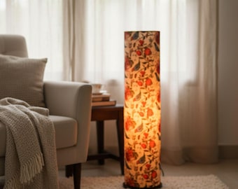 Lámpara de pie cilíndrica moderna con base de madera maciza / Lámpara redonda de tela / Lámpara de pie de ambiente cálido para sala de estar