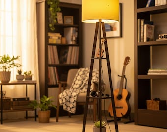 Modern Wood Floor Lamp with Shelves: Dark Finish Tripod Design