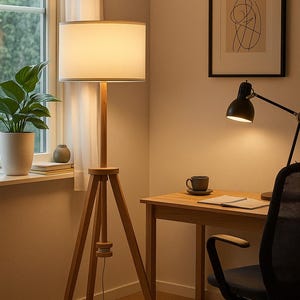 Minimalist Wooden Tripod Floor Lamp with White Fabric Shade – Modern Scandinavian Home Lighting
