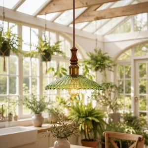 Vintage geribbelde glazen hanglamp, rustieke boerderijkeukenverlichting, hanglamp, Cottagecore-plafondlamp,