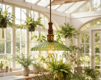 Vintage Ribbed Glass Pendant Light, Rustic Farmhouse Kitchen Lighting, Hanging Lamp, Cottagecore Ceiling Light,