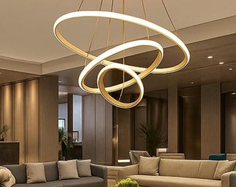 Modern LED Chandelier – Light Golden Body Hanging Lamp for Dining & Living Room, Warm White