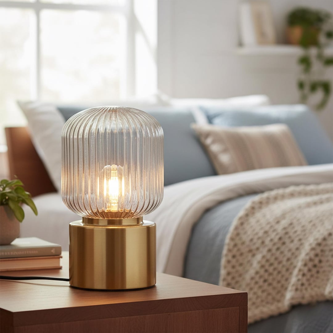 Modern Ribbed Glass Table Lamp – Gold Base Bedside Light With Warm Glow ...