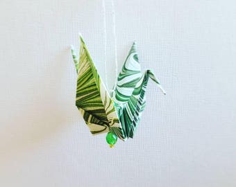 10 Small Marbled Green Origami Peace Crane Ornaments