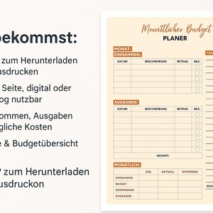 Op de afbeelding: Een afdrukbare maandelijkse budgetplanner met secties voor inkomsten, uitgaven en dagelijkse uitgaven. De planner bevat ruimte voor het bijhouden van doelen en budgetoverzichten. De tekst op de pagina luidt "Maandelijkse budgetplanner" en "Je krijgt:" in het Duits.