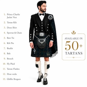May include: A man in a traditional Scottish outfit, including a black Prince Charlie jacket, tartan kilt, and sporran. The image also shows a bow tie, kilt pin, belt, and hose socks. The text says "AVAILABLE IN 50+ TARTANS."