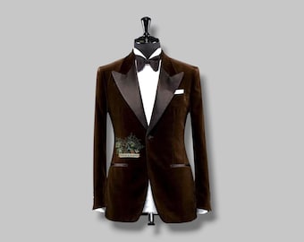 Scottish Men's Velvet Blazer Jacket - Brown Velvet Formal Wedding Jacket - Brown Velvet Formal Occasional Tuxedo Jacket For Men