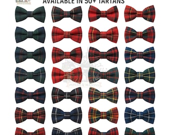 May include: A collection of bow ties in various tartan patterns. The bow ties are arranged in rows and columns, showcasing a variety of colors including red, green, blue, and yellow. Text at the top reads "AVAILABLE IN 50+ TARTANS."