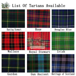 May include: A grid of nine tartan patterns, each with a unique color scheme and name. The top row includes green, red, and blue tartans. The middle row features red, red, and green tartans. The bottom row shows blue, green, and purple tartans. Text at the top reads "List Of Tartans Available."
