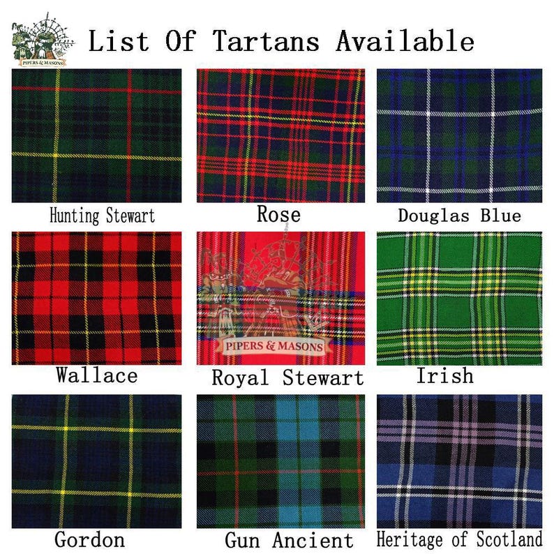May include: A grid of nine tartan patterns, each with a unique color scheme and name. The top row includes green, red, and blue tartans. The middle row features red, red, and green tartans. The bottom row shows blue, green, and purple tartans. Text at the top reads "List Of Tartans Available."