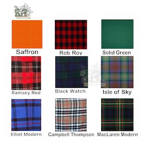 May include: A collection of nine fabric swatches, each showcasing a different tartan pattern and color. Colors include saffron, red and black, green, red, blue, and various plaid designs. Each swatch is labeled with its name, such as "Rob Roy" and "Black Watch."