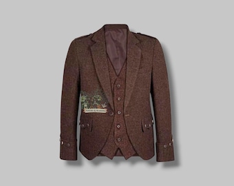 Scottish Traditional Dark Brown Argyle Kilt Jacket For Men Dark Brown Tweed Wool Kilt Jacket Wedding Argyll Jacket With 5 Buttons Brown Vest
