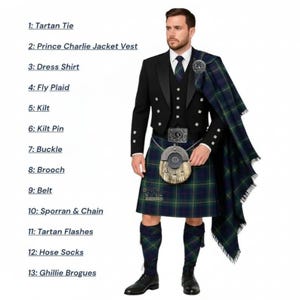 Skotsk höglands-kilt för män | Prins Charlies bröllopskiltset | Clan Davidson-vapensköld 13-delars kilt | Finns i över 50 tartaner