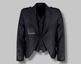 Scottish Men's Black Tweed Wool Argyll Kilt Jacket - Wedding Highland Kilt Jacket With 5 Buttons Vest - Premium Black Tweed Jacket Vest
