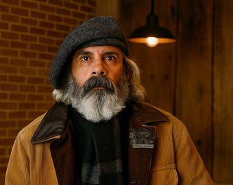 May include: A man wearing a gray beret, a corduroy jacket with a brown collar, and a black and gray plaid scarf. The jacket has a patch that reads "PIPERS & MAKERS". The background features a brick wall and a hanging light.