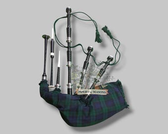 Schotse zwarte horloge-doedelzak met Schotse ruit Handgemaakt natuurlijke afwerking palissander doedelzak Zilveren afwerking Highland-set met chanter en etui