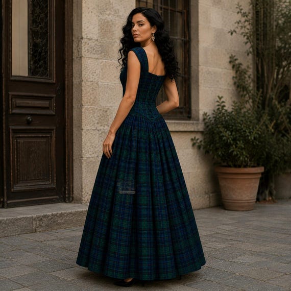 tartan plaid formal dress Scottish Ladies Corset Evening Gown | Renaissance Celtic Lace-up Ball Gown 240314