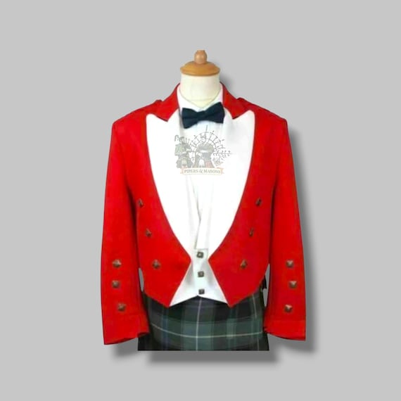 Men's Red White Prince Charlie Kilt Jacket Scottish Wedding
