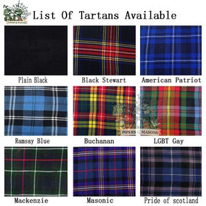 May include: A grid of nine tartan fabric swatches, each with a different plaid pattern and color scheme. The swatches include plain black, Black Stewart, American Patriot, Ramsay Blue, Buchanan, LGBT Gay, Mackenzie, Masonic, and Pride of Scotland.