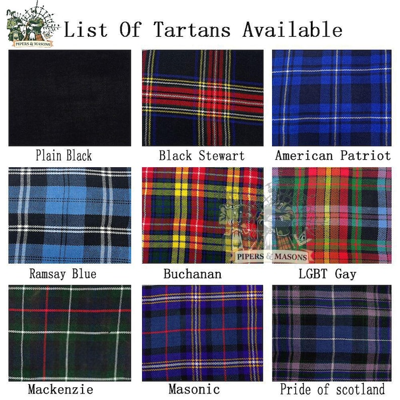 May include: A grid of nine tartan fabric swatches, each with a different plaid pattern and color scheme. The swatches include plain black, Black Stewart, American Patriot, Ramsay Blue, Buchanan, LGBT Gay, Mackenzie, Masonic, and Pride of Scotland.