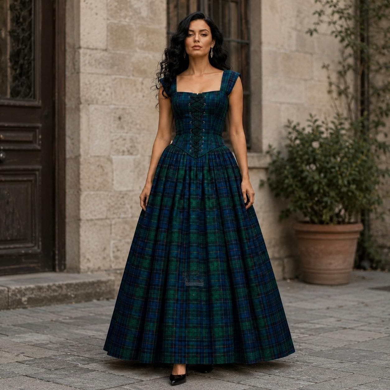 tartan evening dress Tartanvibesclothing Lewis of Wales Tartan Off Shoulder Long Dress