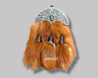 Scottish Antique Celtic Knotwork Stag Head Cantle Sporran Brown Fur Handmade 3 Tassels Sporran With Chain & Belt