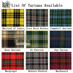 May include: A grid of nine tartan patterns with names, including Macleod of Lewis, Black Watch Weather, and Campbell Ancient. The image includes the text "List Of Tartans Available" and the logo of "Pipers & Masons".