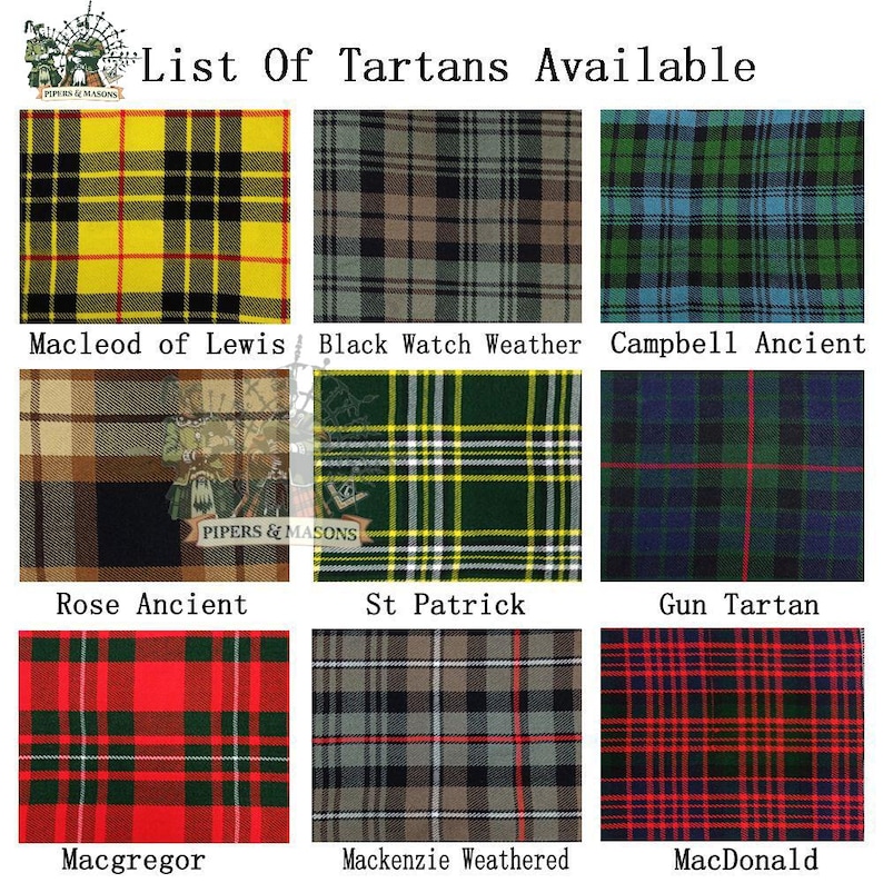 May include: A grid of nine tartan patterns with names, including Macleod of Lewis, Black Watch Weather, and Campbell Ancient. The image includes the text "List Of Tartans Available" and the logo of "Pipers & Masons".
