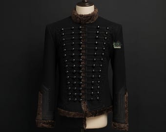 Black Wool Napoleonic Regency Hussar Jacket - Military Style Fur Trimmed Jacket - Gothic Parade Costume
