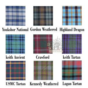 May include: Nine fabric swatches with various tartan patterns. The swatches include the names: Youkshor National, Gordon Weathered, Highland Dragon, keith Ancient, Crawford, keith Tartan, USMC Tartan, Kennedy Weathered, and Lugan Tartan.