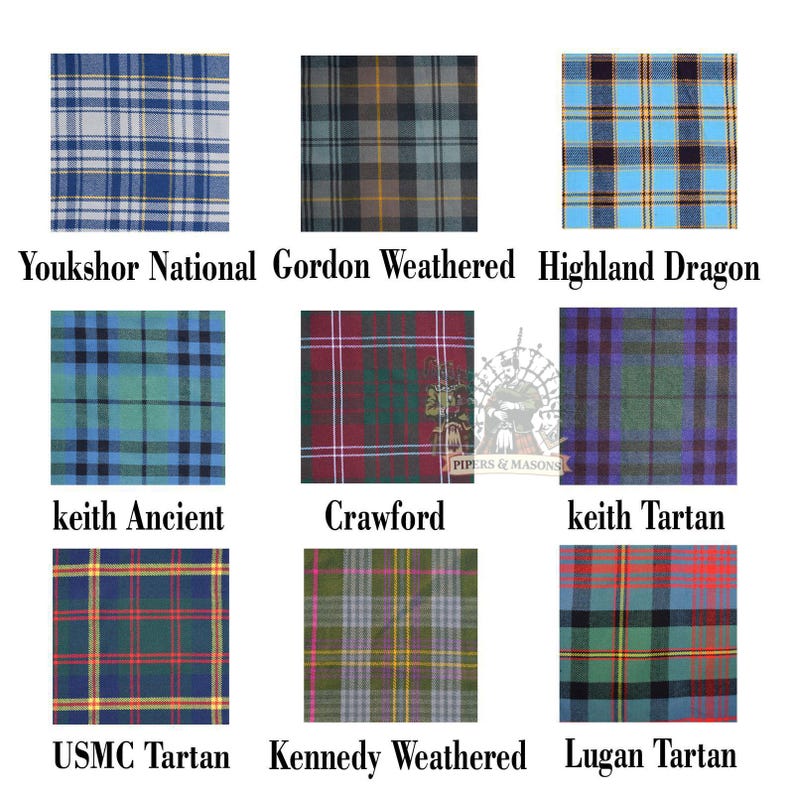 May include: Nine fabric swatches with various tartan patterns. The swatches include the names: Youkshor National, Gordon Weathered, Highland Dragon, keith Ancient, Crawford, keith Tartan, USMC Tartan, Kennedy Weathered, and Lugan Tartan.