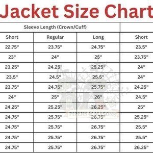 May include: A jacket size chart with measurements in inches for chest, waist, sleeve length, and jacket length. The chart includes sizes from 34" to 54" for chest measurements, with corresponding waist, sleeve, and jacket lengths.