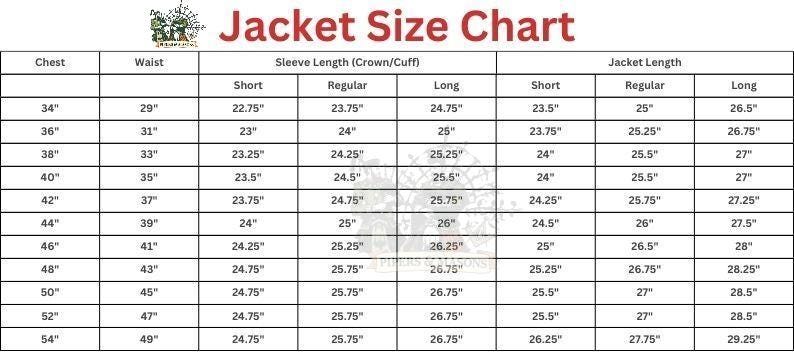 May include: A jacket size chart with measurements in inches for chest, waist, sleeve length, and jacket length. The chart includes sizes from 34" to 54" for chest measurements, with corresponding waist, sleeve, and jacket lengths.