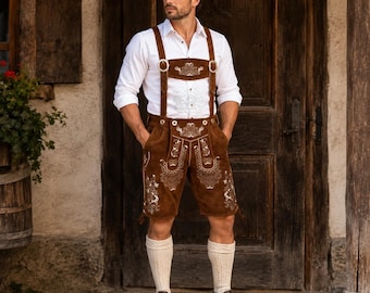 Beierse Lederhosen shorts voor heren met bretels | Suède leren Oktoberfestkostuum | Traditionele Alpenkleding