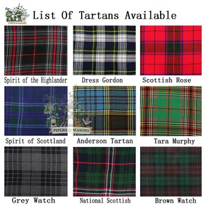 May include: A grid of nine tartan patterns, each with a unique color scheme and name. The top row features Spirit of the Highlander, Dress Gordon, and Scottish Rose. The middle row shows Spirit of Scotland, Anderson Tartan, and Tara Murphy. The bottom row displays Grey Watch, National Scottish, and Brown Watch.