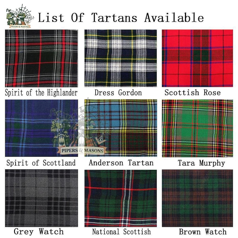 May include: A grid of nine tartan patterns, each with a unique color scheme and name. The top row features Spirit of the Highlander, Dress Gordon, and Scottish Rose. The middle row shows Spirit of Scotland, Anderson Tartan, and Tara Murphy. The bottom row displays Grey Watch, National Scottish, and Brown Watch.
