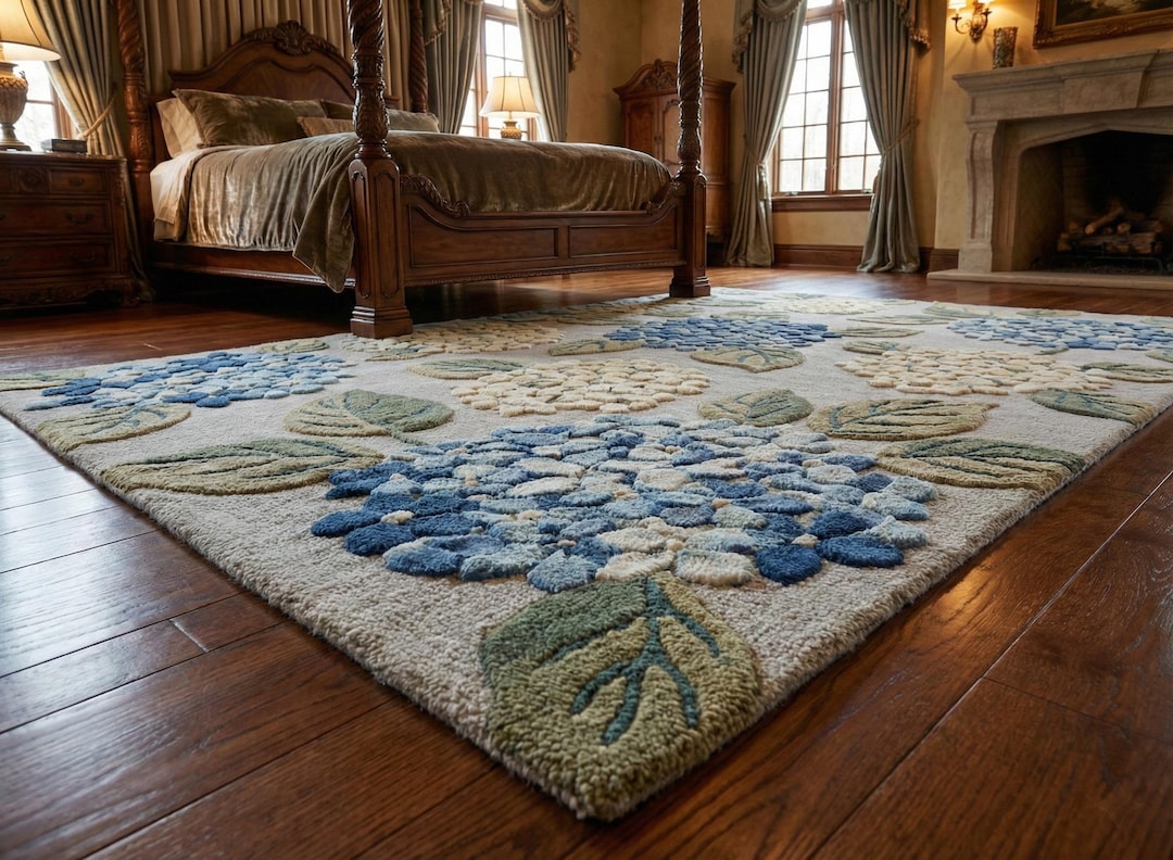 Hand-tufted Wool Rug - Blue & Cream Hydrangea Floral Area Rug ...