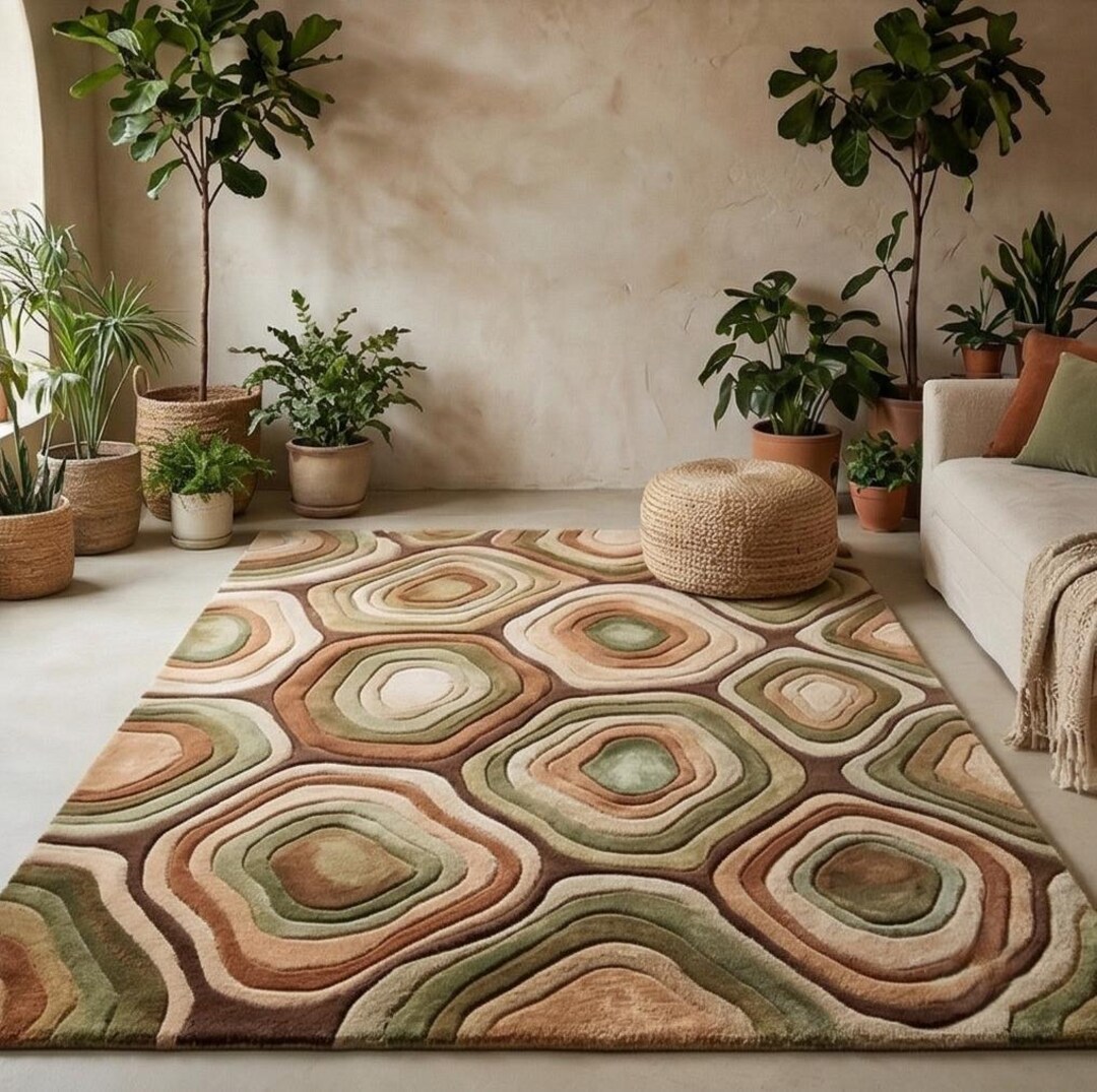 Stone Path Rug Handmade Earth Tone Wool Rug - 3D Moss Green & Terracotta Stone Path ...