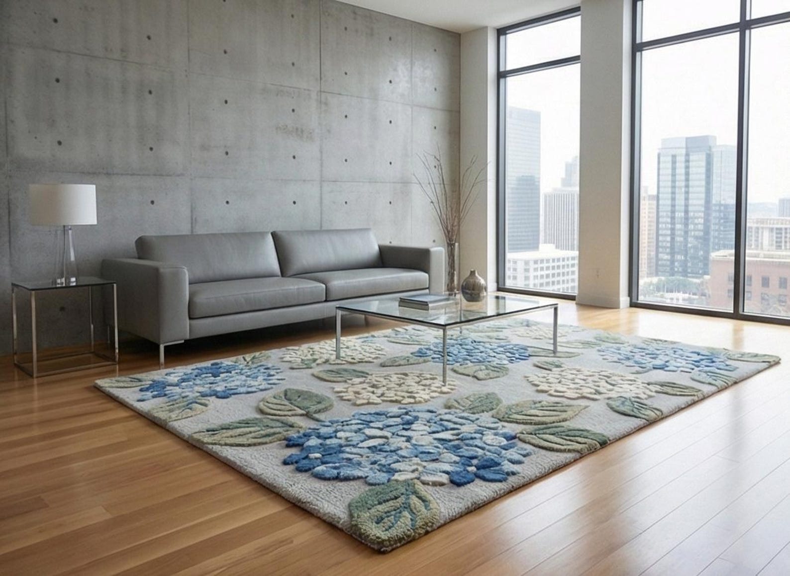 Hand-tufted Wool Rug - Blue & Cream Hydrangea Floral Area Rug ...