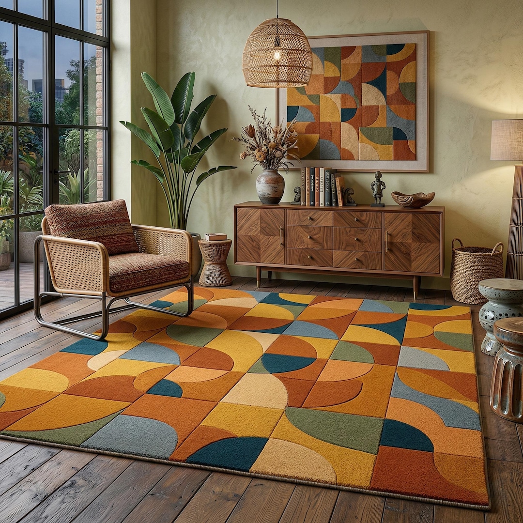 Hand Tufted Vintage Inspired Geometric Woolen Rug Orange Green & Blue ...
