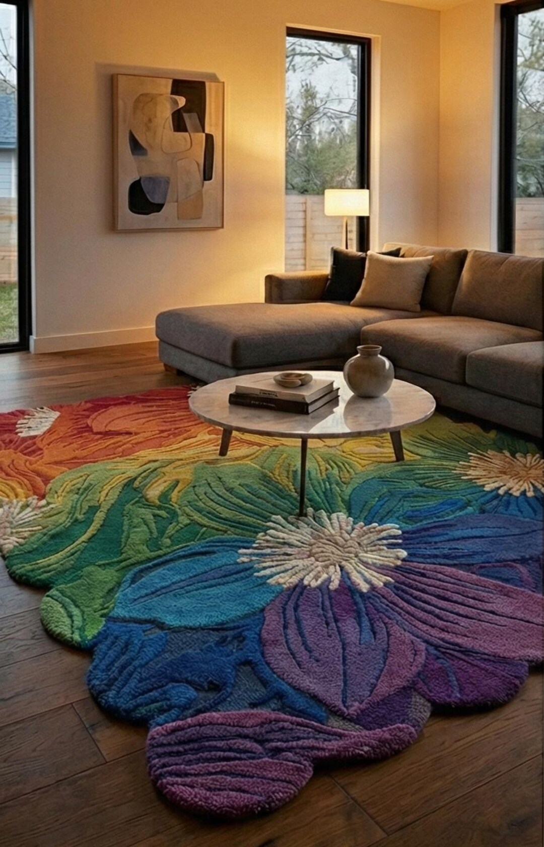 Large Floral Wool Rug | Hand-tufted Gradient Rainbow Flower Area Rug ...