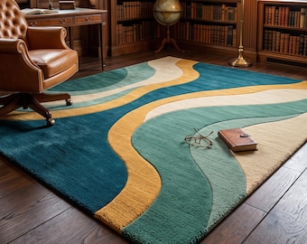 Alfombra de lana tejida a mano, alfombra geométrica abstracta moderna, alfombra de lujo para sala de estar, alfombra de diseño contemporáneo.