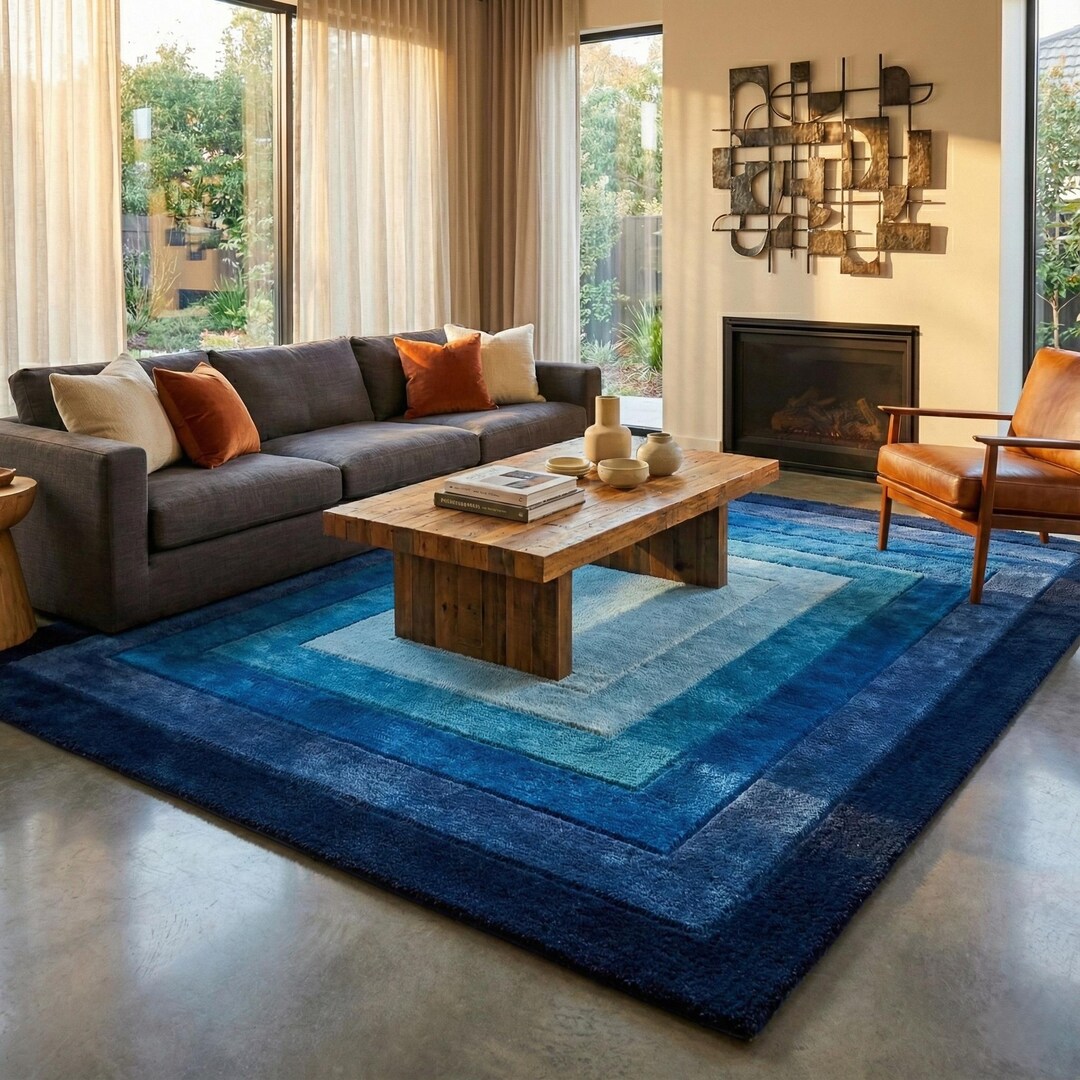 Handmade Blue Gradient Wool Area Rug | Shaded Navy to Aqua Carpet ...