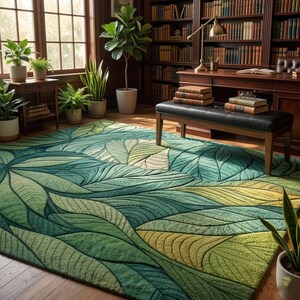 3D Leaf Pattern Area Rug | Green & Gold Botanical Floor Mat | Modern Nature Inspired Rug for Living Room, Bedroom, or Office - Textural Rug