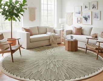 Hand-Tufted Round Wool Rug | Olive Green Sunburst Design