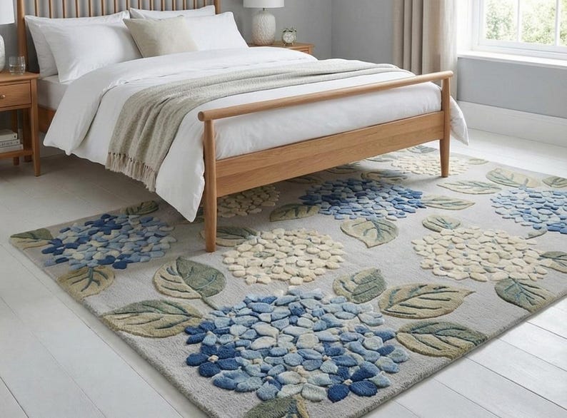 Hand-tufted Wool Rug - Blue & Cream Hydrangea Floral Area Rug ...