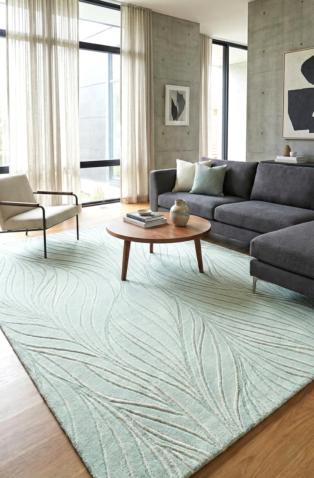 Sage Green Area Rug With Raised Leaf Pattern, Modern Sage Rug for ...