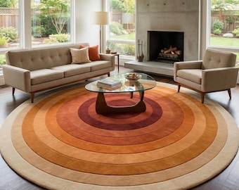 Warm Orange & Beige Round Area Rug Mid-Century Modern Sunset Wool Rug | Retro Concentric Circle Area Rug The "Orbit" Rug: Hand-Tufted Wool