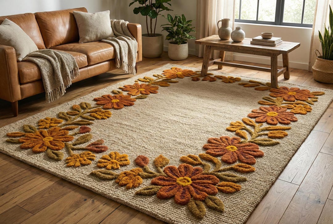 Hand-tufted Wool Rug | Sculpted Floral Border, Modern Cottagecore ...