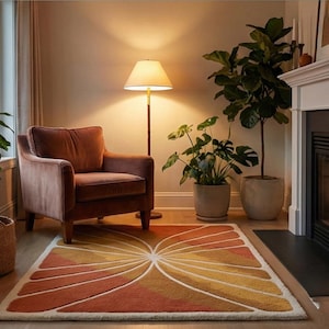 Tufted Wool Rug | 70s Sunburst Rectangular Carpet, Burnt Orange